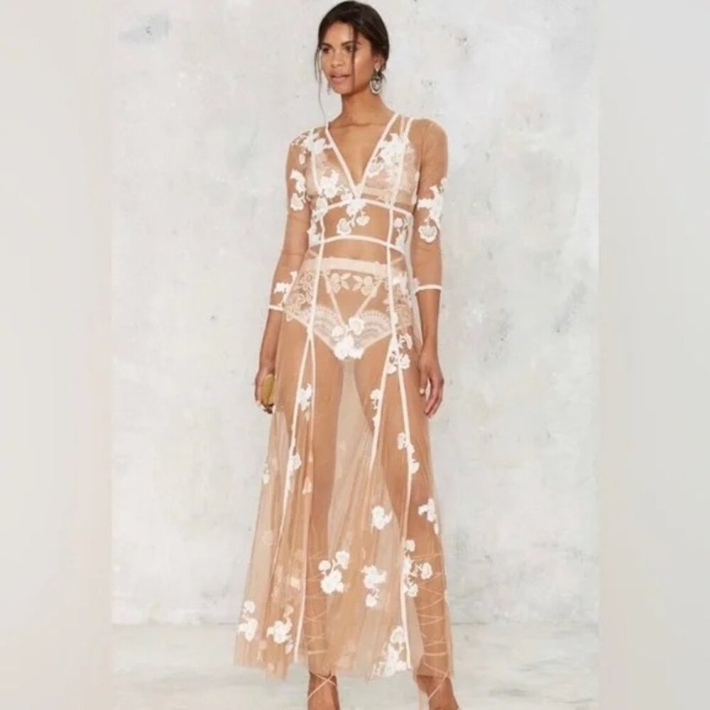 For Love & Lemons Elenora Embroidered Sheer Mesh Dress W/ Slip